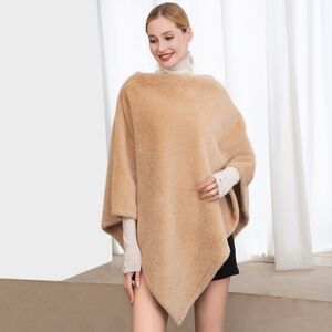 Tan Faux Fur Poncho Throw Over Sweater Fashion Statement Accessory Solid